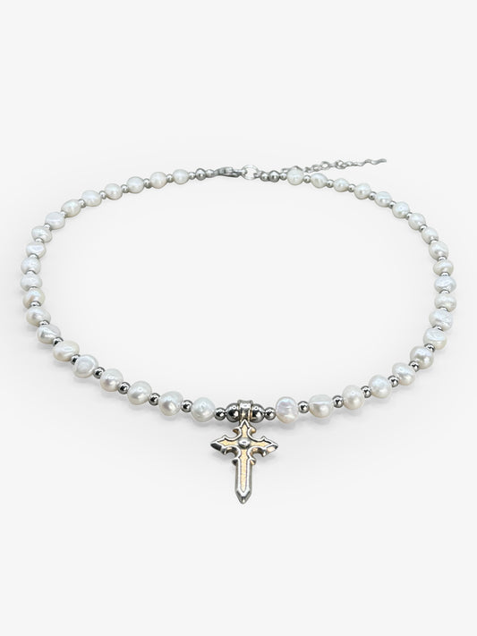 Large pearl cross necklace