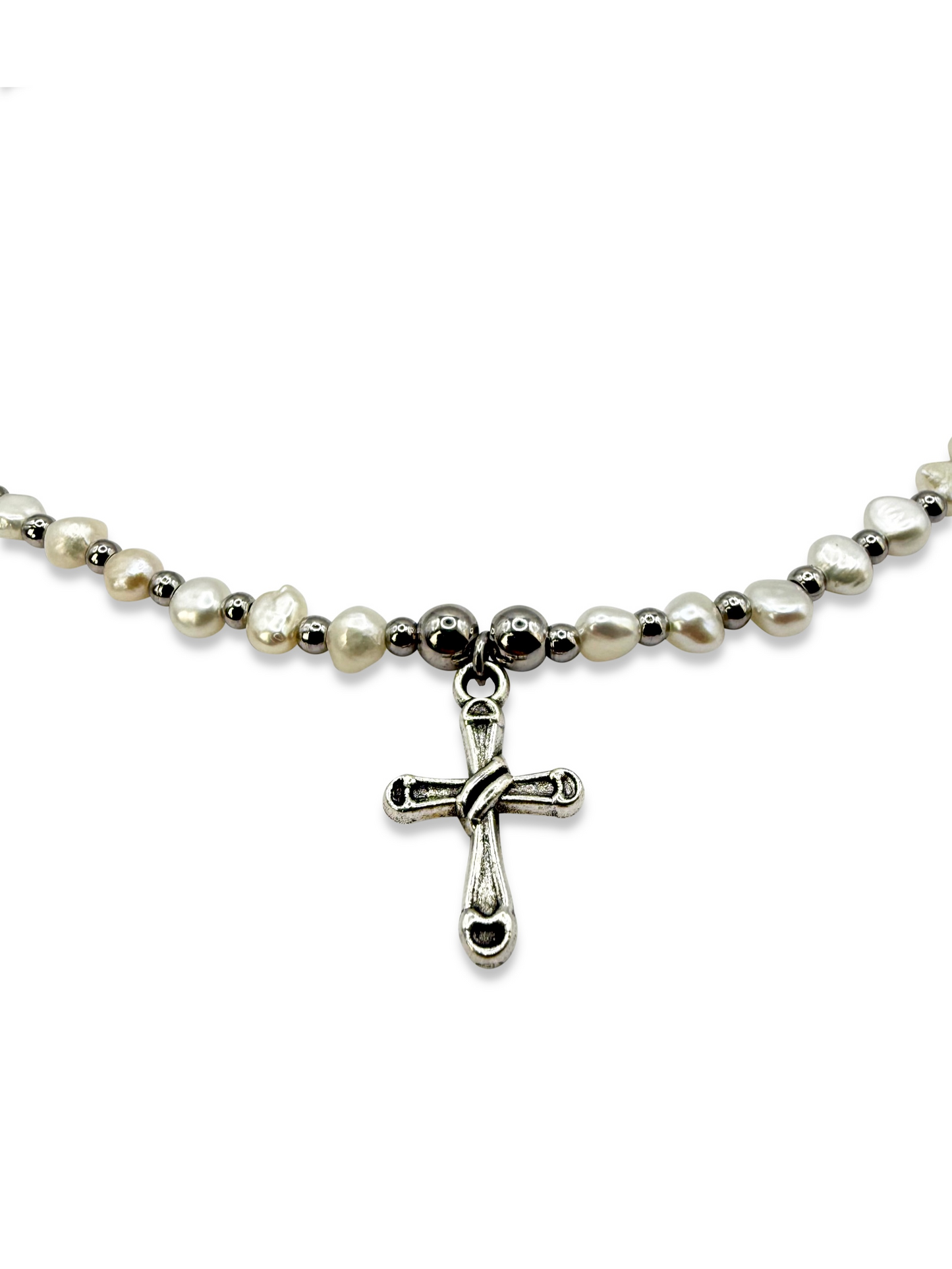 Baroque Pearl Cross Necklace - White