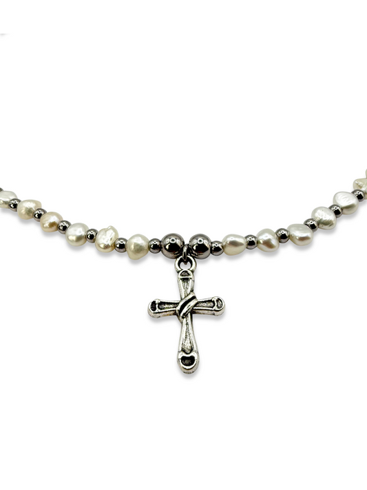 Baroque Pearl Cross Necklace - White