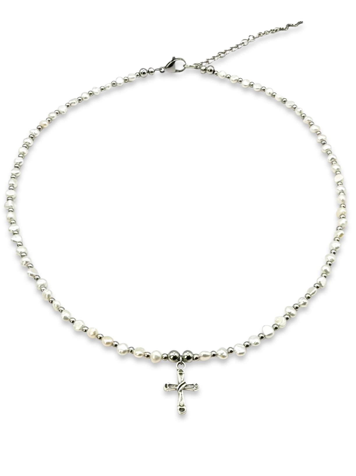 Baroque Pearl Cross Necklace - White